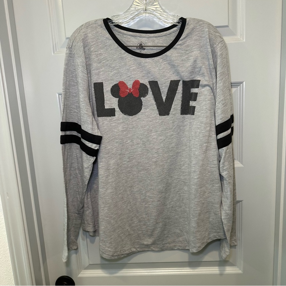 Disney Grey “Love” Scoop Neck Varsity Striped Long Sleeve Top size 2XL